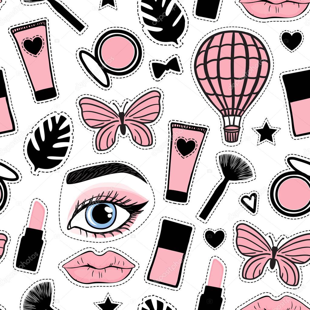 Seamless pattern fashion style. Set sign beauty makeup for cute girls. Black with pink cosmetic bottles and balloon, butterfly hand drawing. Vector illustration is isolated on a white background.