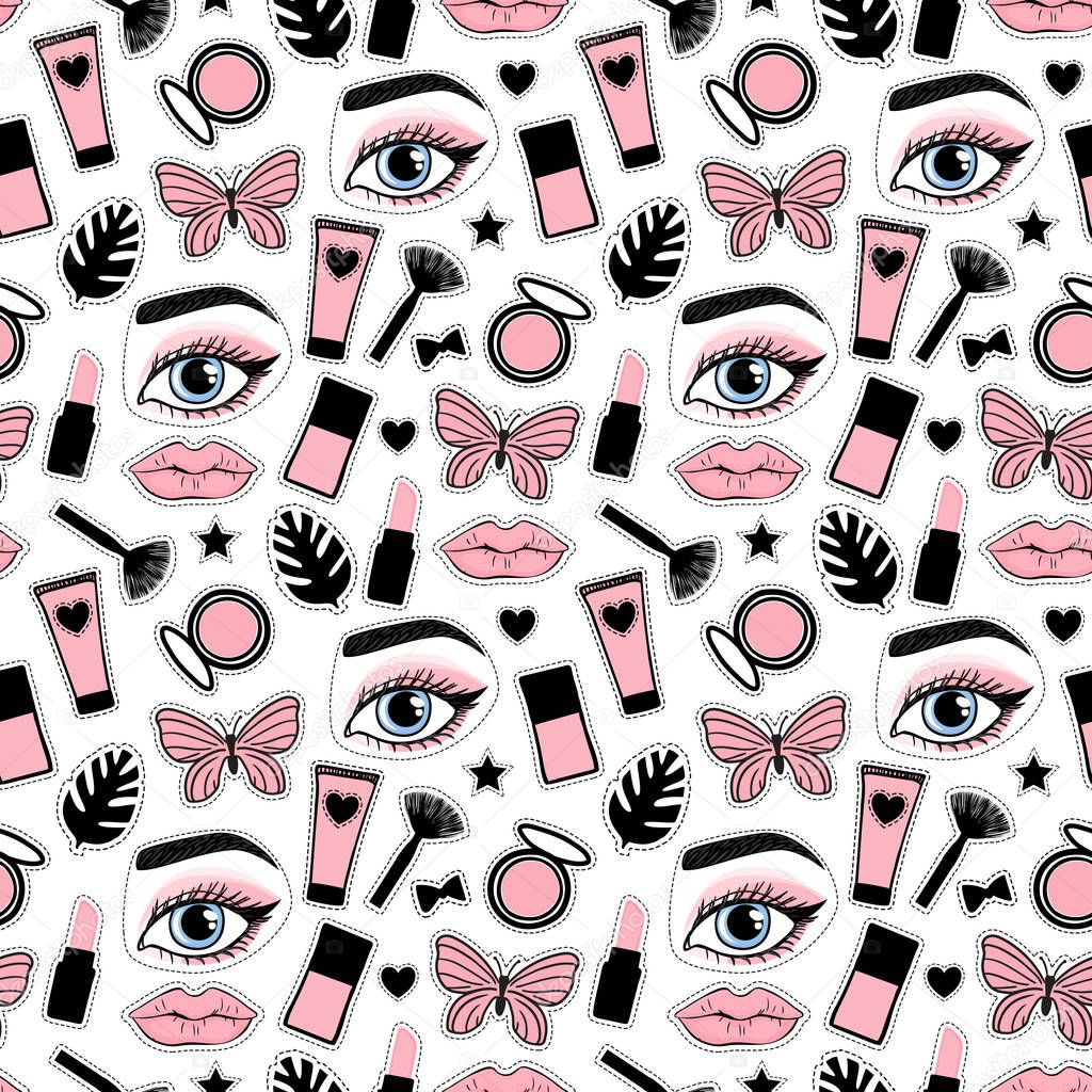 Seamless pattern fashion style. Set sign beauty makeup for cute girls. Abstract cosmetic bottles and butterfly hand drawing. Vector illustration is isolated on a white background.