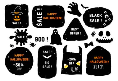 Set Sale Happy Halloween etiket. El grunge siyah şekil beyaz arka plan üzerinde izole.