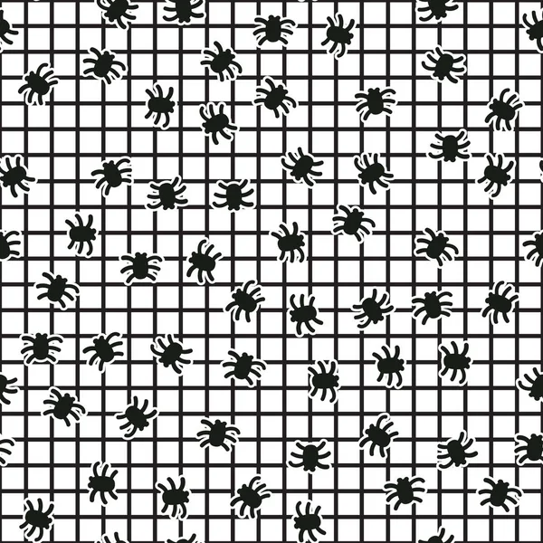 Vector pókok zökkenőmentes mintát Halloween felszíni dekoráció. Rács fekete-fehér háttér — Stock Vector