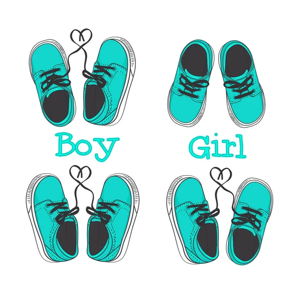 A pair of little kids sneakers. Vector illustration isolated on white. Hand drawing modern fashion print design for kids. With GIRL and BOY inscription and heart. — Stock Vector