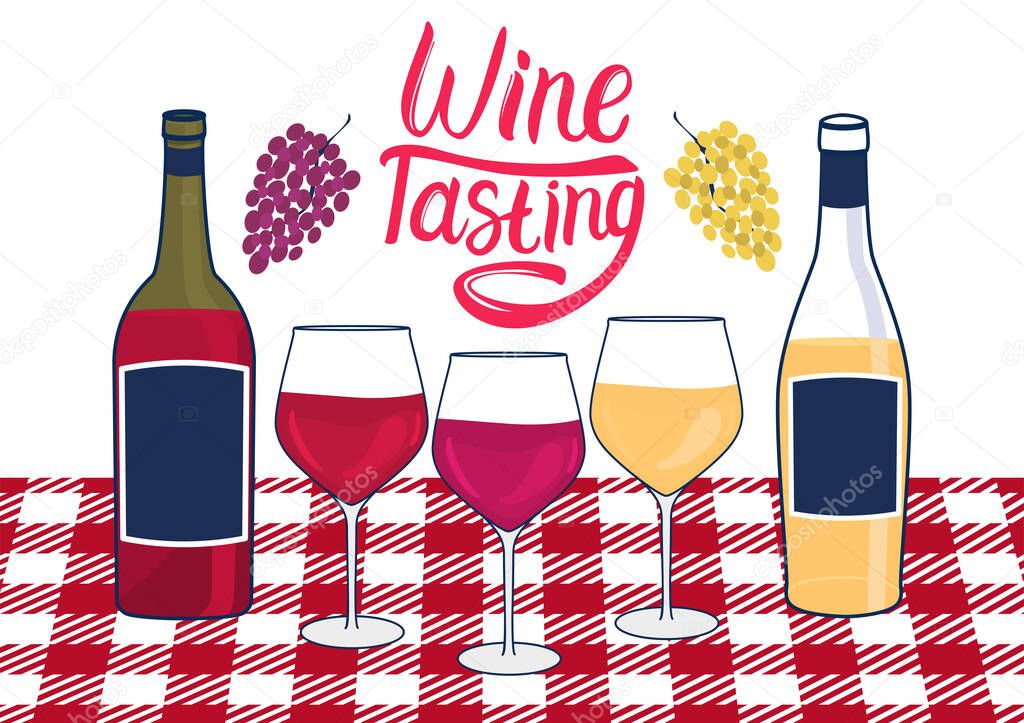Wine Tasting inscription. Bottles and wineglass with white and red wine. Standing on the table with a tablecloth. Vector illustration. Bunches of grapes.