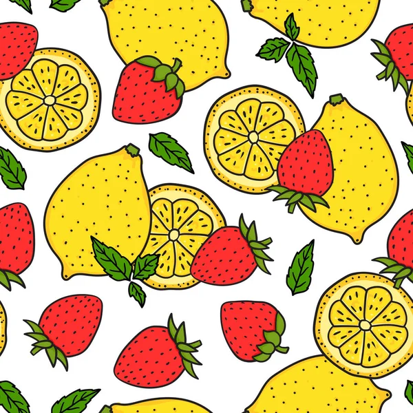 柠檬和草莓，薄荷叶。无缝图案。红色和黄色。整个柠檬和一片圆形的.矢量手绘图解.在白色背景上隔离的表面设计. — 图库矢量图片