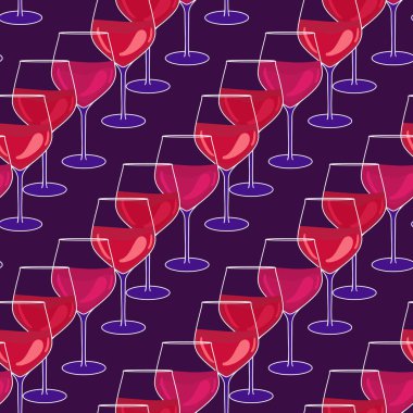 Dikensiz şarap kadehi deseni. Bir sürü kırmızı şarap. Bir gece kulübü ya da parti için parlak yüzey tasarımı. Koyu arkaplanda vektör el çizimi.