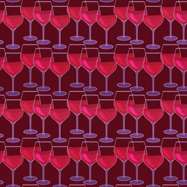 Kırmızı şaraplı bardaklar. Şarap kadehleriyle kusursuz desen. Şarap etkinliği yüzey tasarımı. Burgundy arka planında izole edilmiş vektör çizimi. Çizgili tekrarlama dokusu.