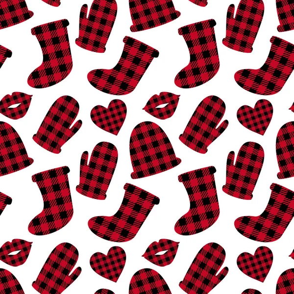 Checkered Hat and gloves seamless pattern. Red and white vichy color. Winter Merry Christmas design surface. Vector illustration isolated on white background — Stock Vector