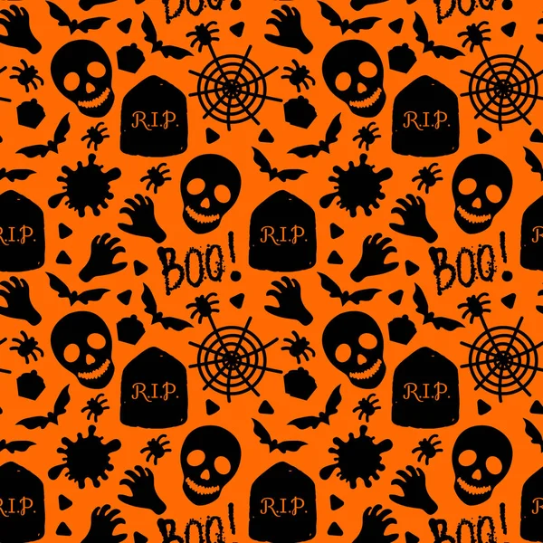 Szczęśliwego Halloween płynny wzór. Czaszka, Pająki, Słodycze, zombie ręce i Straszny Boo. Wektor wakacje projekt tekstury powierzchni. Cartoon czarny ilustracja izolowane na pomarańczowym tle — Wektor stockowy