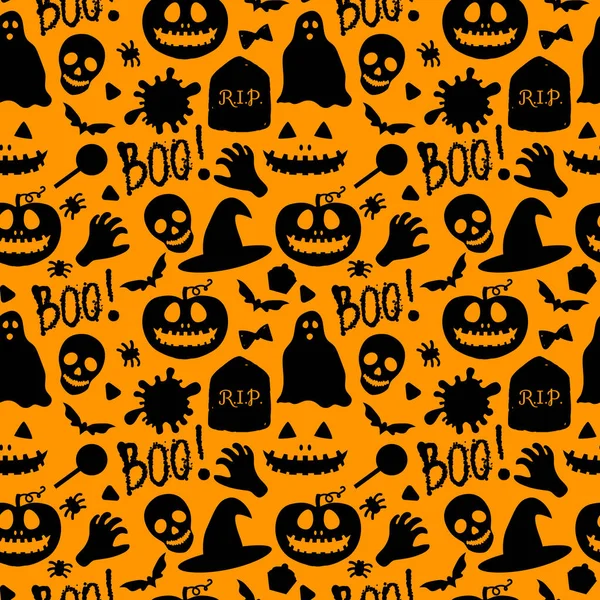 Glad Halloween sömlös mönster. Pumpa Jack, Skull, Spindlar, Sötsaker och skrämmande Boo. Vektor firande design yta konsistens. Tecknad svart illustration isolerad på orange bakgrund — Stock vektor