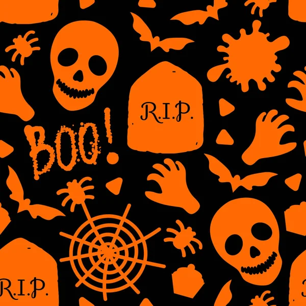 Happy Halloween nahtlose Muster. Totenkopf, Spinnen, Süßigkeiten und Gruselbuh. Vector Urlaub Design Oberflächenstruktur. Cartoon orange Illustration isoliert auf schwarzem Hintergrund. — Stockvektor