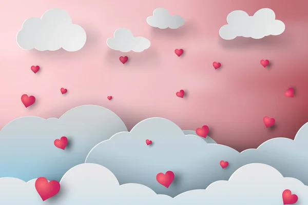 Papírové Umění Cloudscape Rainny Lásku Srdcem Vektorové — Stockový vektor
