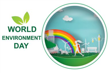 Dünya Çevre Günü (5 Haziran) sanatı aile eğlenceli vektör tasarımı ile kağıt tebrik kartları, el ilanları, davetiyeler, posterler, broşürler, afişler, takvimler, eko için