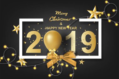 Mutlu Noeller ve mutlu yeni yıl 2019 siyah rengi arka plan vektör tasarımı ile tebrik kartları, el ilanları, davetiyeler, posterler, broşürler, afişler, takvimler, hediye için kağıt sanatı