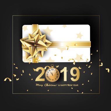 Mutlu Noeller ve mutlu yeni yıl 2019 siyah rengi arka plan vektör tasarımı ile tebrik kartları, el ilanları, davetiyeler, posterler, broşürler, afişler, takvimler, hediye için kağıt sanatı