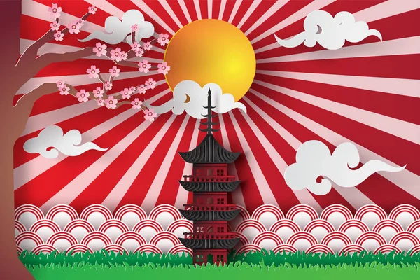 Paper art and craft of spring in  Asian temple with sakura tree and sunlight-cloud background,vector