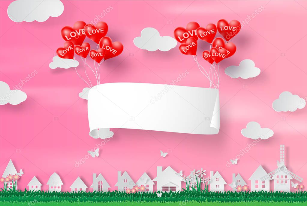 Paper art and craft of happy Valentine Day,Paper signboard air balloon heart floating on cityscape,cloudscape,pink,heart.Vector illustration