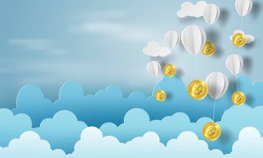 İşletme ve yönetim kavramı ve fikir, mavi gökyüzü, bulut, vektör bitcoin para ile balon sanatı kağıt