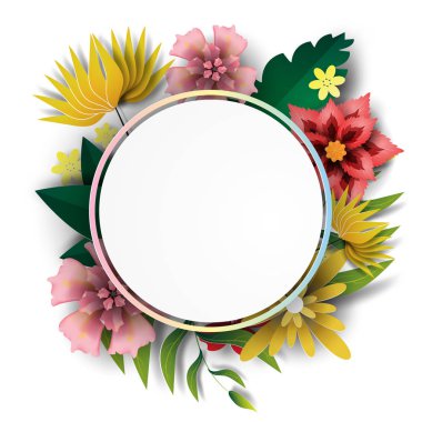 Kare daire doğa yeşil renkli yaprak ve flower.vector ile kağıt sanatı