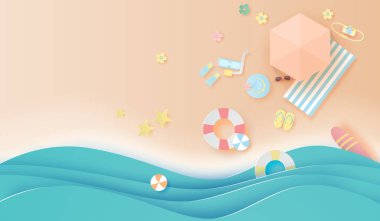 Sanat kağıt ve pastel colortone arka plan ile üstten görünüm seyahat yaz sezonu plaj tarzı zanaat, vektör.