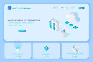 Web sitesi Platform veri merkezi bulut services.page satın almak ya da kira sunucuları, bir telkin için üstbilgi ve hosting.computing veya depolama ve dijital ağ bağlantısı izometrik 3d illüstrasyon kavramı vektör
