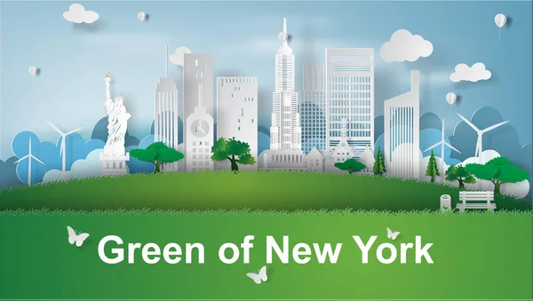 Papírové Umění Zelené Zajímavosti New York City Amerika Vektor — Stockový vektor