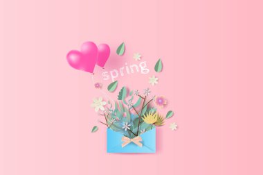 Grafik tasarım buket bahar sezonu metin ile kağıt sanatı. Kağıt mektup ve paketler bir buket çiçek, yaprak ve balon kalp pembe pastel renk backgroun.vector,illustration yerleştirilmiş metin için.