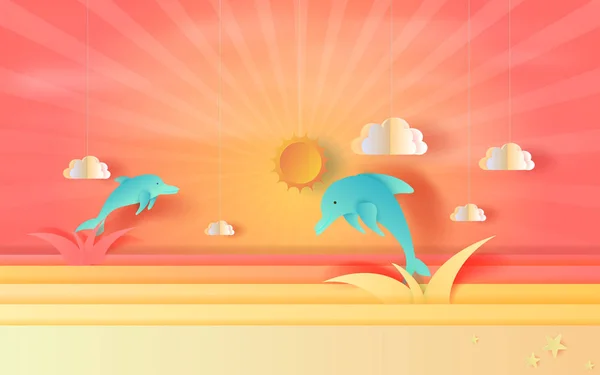 Ilustrace Pohled Krajina Skoky Delfínů Mraky Krásný Západ Slunce Letní — Stockový vektor