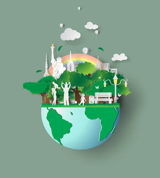 Arte de papel de conceito de família eco-friendly e terra com dia ambiente.Salvando o ambiente mundial com a família. As crianças estão jogando no parque grama. Papel digital artesanato style.vector ilustração —  Vetores de Stock