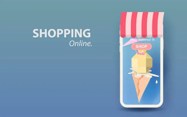 3D Paper art and craft of Ice cream vanilla cone melting for Mobile shopping online summer season concept your text space background vector.Facade of shop smartphone with colorful pastel background.