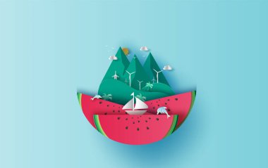 Tatil tatili yaz sezonu döngüsü fikrinin çizimi. Karpuz kavramlı deniz dalgası. Okyanus manzarasında bir tekne. Kağıt işçiliği ve kesim stili deniz manzaralı ada. Yunuslar sevinçle zıplıyorlar.