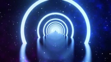 3D render, parlayan neon halkanın döngü hareketi ve karanlık galaksi yıldızı arkaplanı. Neon ışığı soyut arkaplan. Daireler lazer moda gösteriyor. uzay yolu ile sanal gerçeklik uzay panoraması 