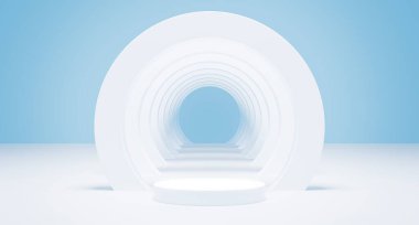 Beyaz duvar boş silindir zemin 3D görüntüleme. Podyum arka planında parlak beyaz ışık çemberi. Mavi illüstrasyon üzerine soyut geometrik şekil nesnesi. asgari kavram