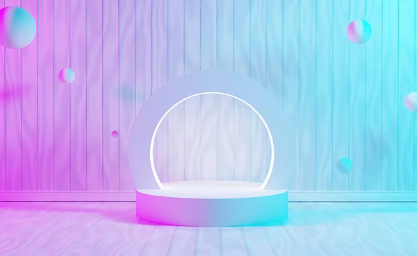 Neon light  with podium white 3d and minimal white wood wall scene.minimal concept podium background 3d rendering. Abstract geometric shape gray. Stage for awards on white  modern illustration.