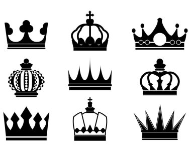 Büyük koleksiyon kota sıtkı taçlar. Royal Crown simgeleri toplama seti. Vintage taç. Vektör çizimi