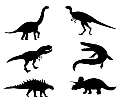 Dinozorlar ve Jurassic dino canavarlar simgeler. Triceratops veya T-rex, dinozor veya pterodactyl ve stegosaurus, pteranodon veya ceratosaurus ve parasaurolophus sürüngen siluet vektör