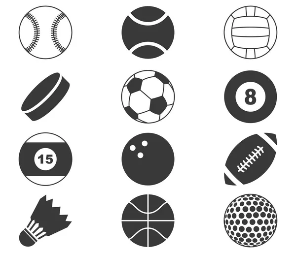 Sfere sportive Minimal Flat Line Vector Icon Set. Calcio, Calcio, Tennis, Golf, Bowling, Pallacanestro, Hockey, Pallavolo, Rugby, Piscina, Baseball, Ping Pong. — Vettoriale Stock