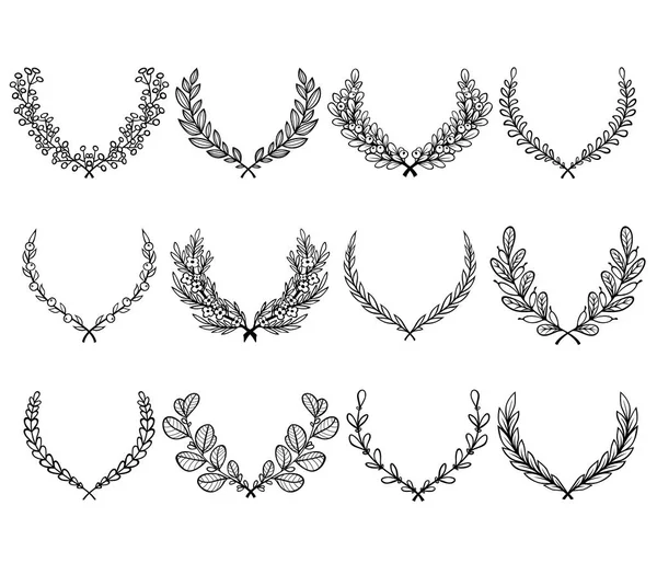 Set di corone circolari di alloro e quercia dalla silhouette bianca e nera raffiguranti un premio, una conquista, un'araldica, una nobiltà. Illustrazione vettoriale . — Vettoriale Stock