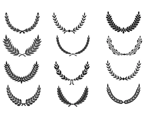 Collection de différentes couronnes de laurier circulaire en forme de silhouette noire et blanche, de blé et de chêne représentant un prix, une réalisation, une héraldique, une noblesse. Illustration vectorielle . — Image vectorielle