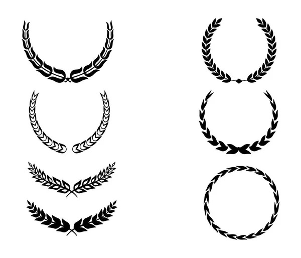 Collection of different black and white silhouette circular laurel foliate, wheat and oak wreaths depicting an award, achievement, heraldry, nobility. Vector illustration. Stock Vector