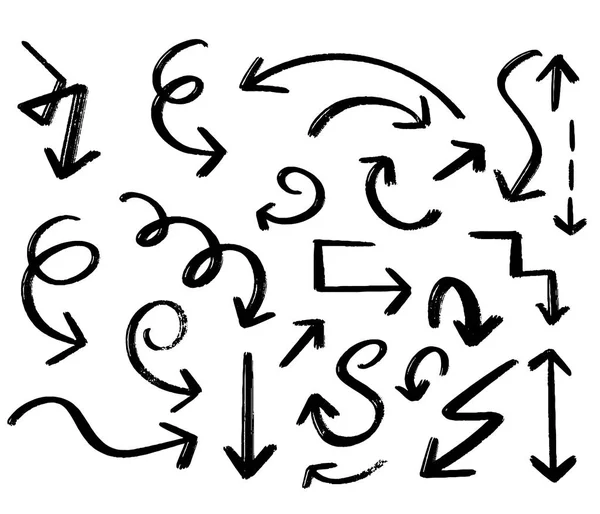 Elle çizilmiş oklar, vektör seti, El çizilmiş ok seti, siyah yön kalem çizim sembolleri toplama — Stok Vektör