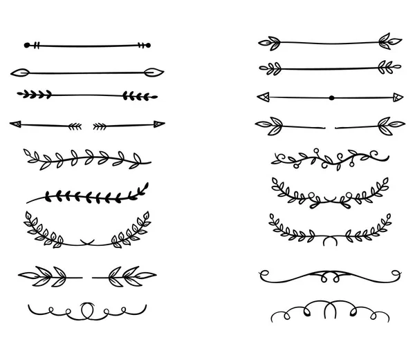 Hand drawn vector dividers. Lines, borders and laurels set. Doodle design elements. — Stock Vector