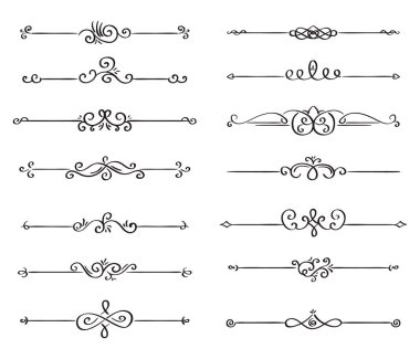 El vektör bölücüler çekilmiş. Çizgiler, kenarlıklar ve defne ayarlayın. Doodle tasarım öğeleri.