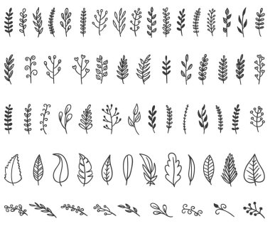 Çiçekli el yapımı vintage set. Vektör çiçekler ve yapraklar koleksiyonu. Çizim sanatı çizimi.