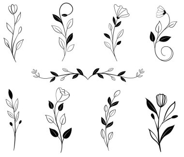 Elle çizilmiş çiçek yaprakları vektörde yapılmış elementler. Düğün tasarımı için, logo tebrik kartı.