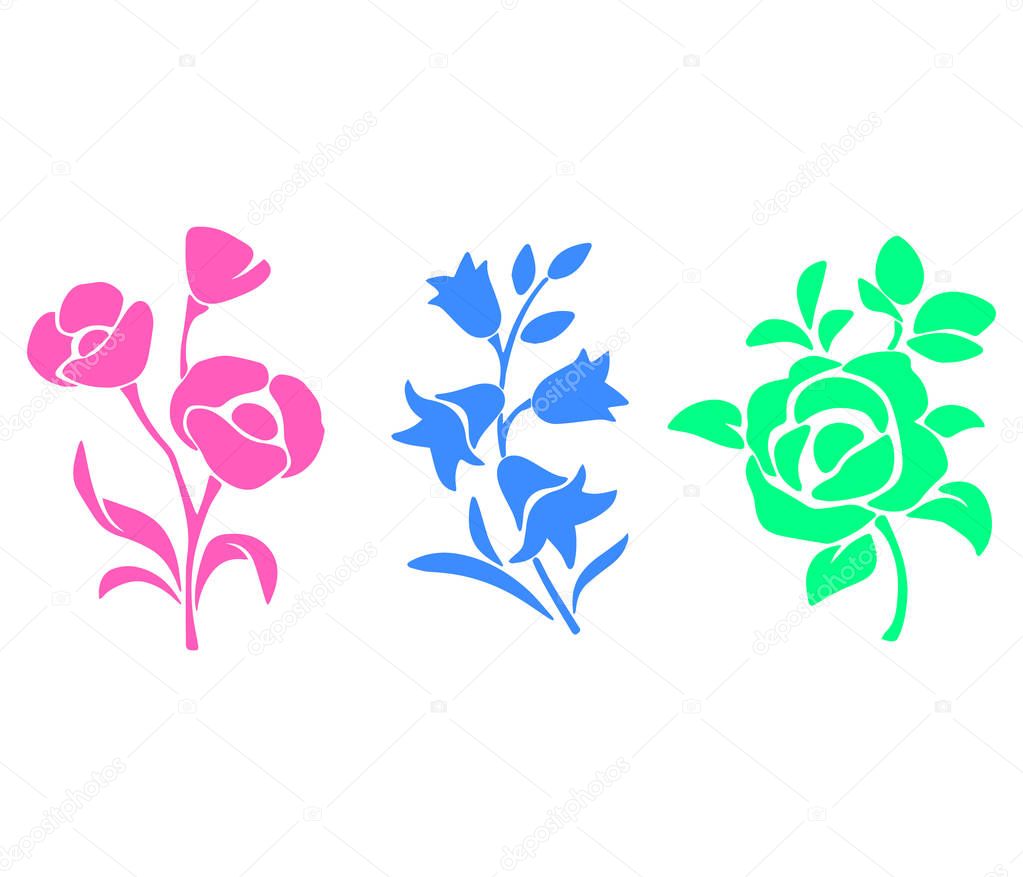 Three vector black silhouettes of flowers isolated on a white background.