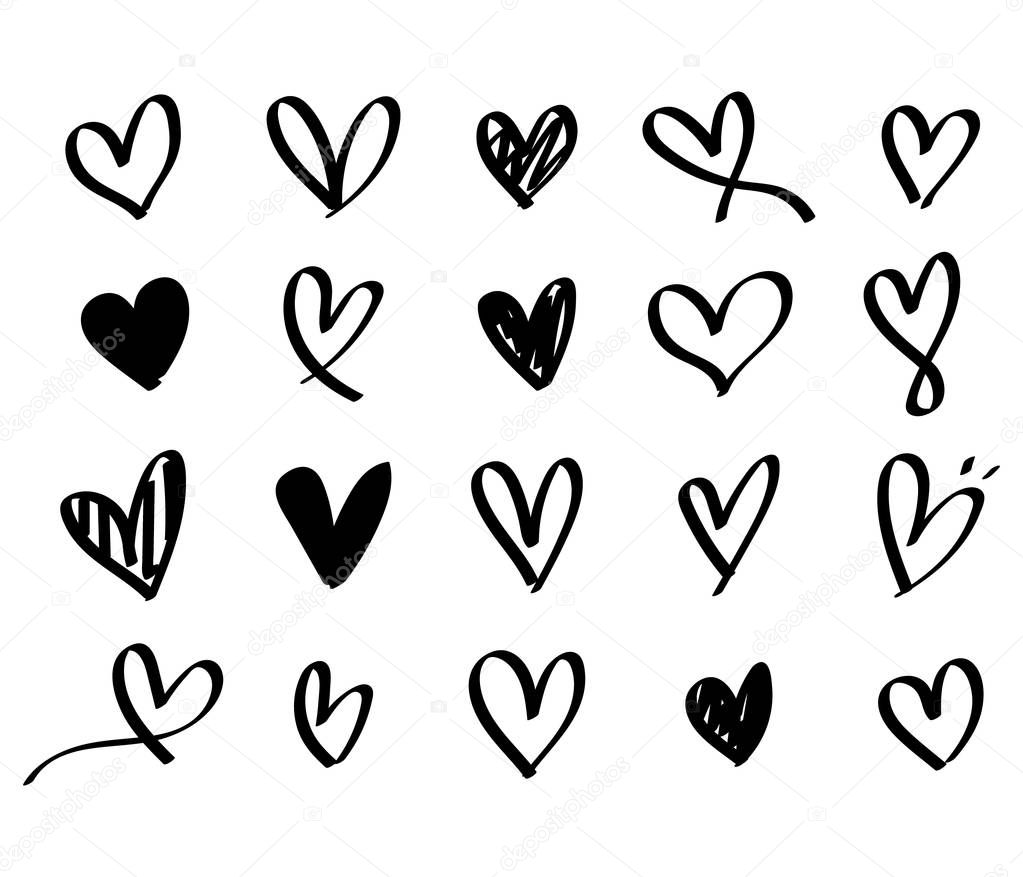 Set of nine hand drawn heart. Handdrawn rough marker hearts isolated on white background. Vector illustration for your graphic design.