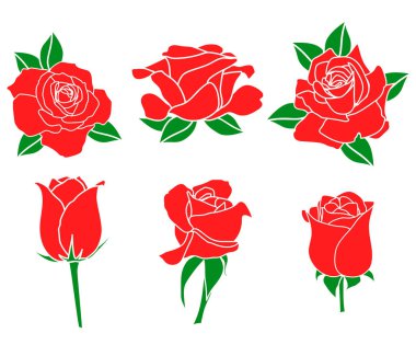 Çiçekler güller, kırmızı tomurcuklar ve yeşil yapraklar. Koleksiyonu ayarlama.