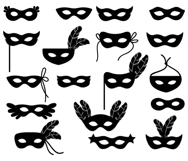 Set Collection of Black Carnival Masquerade Masks Icons Isolated on White Background — Stock Vector