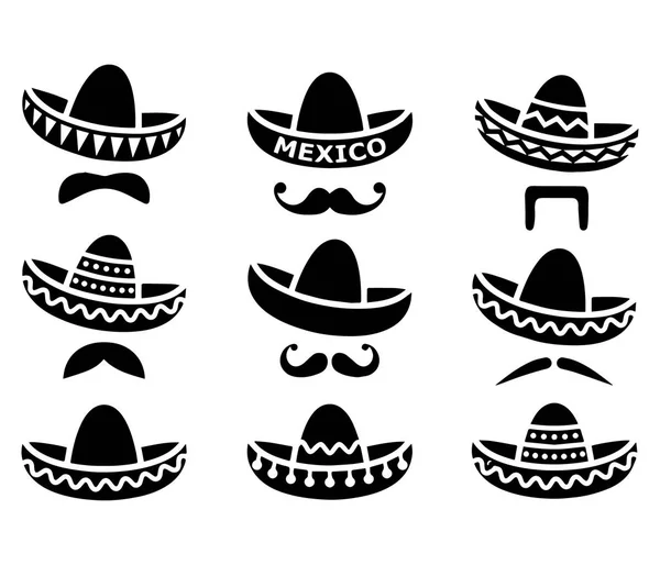 Mexikanska Sombrero hatt med mustasch eller mustasch ikoner — Stock vektor