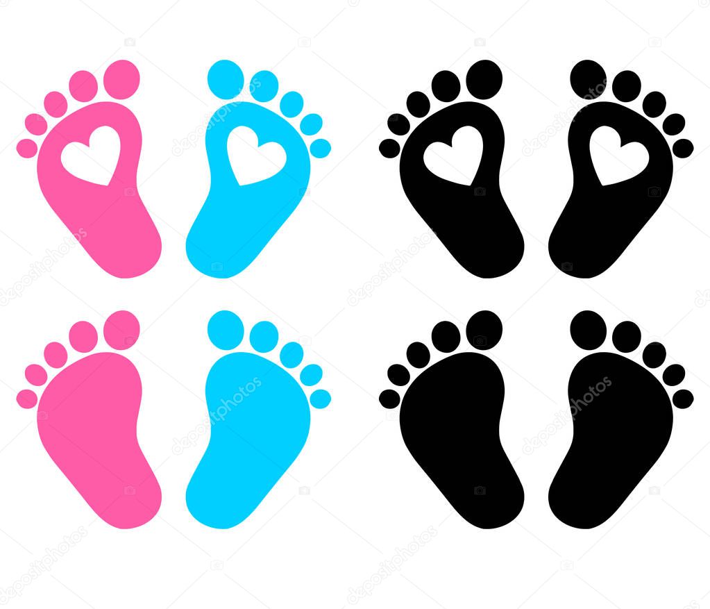 Baby Feet, Footprint, Hearts. Vector illustration