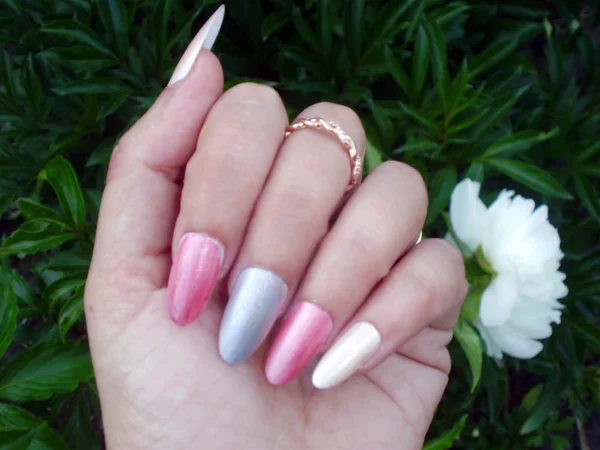 Multi-colored pastel manicure combined tone. Nail Art Design — Stock Photo, Image